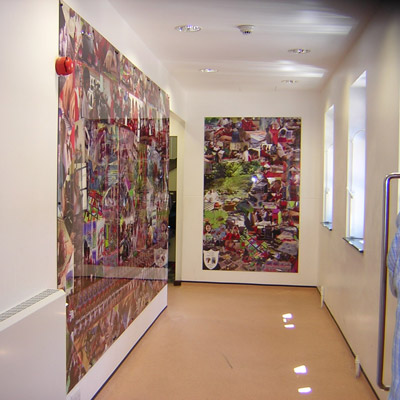 Digital Mural Panels Installed in Junior School showing art week creativity workshops exploring batik, clay, tiles, weaving, photography, artists collage, print, digital video